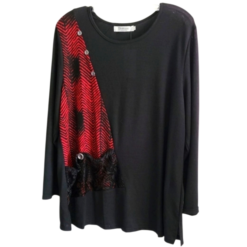 DOMANI Cotton Blend Long Sleeve Crew Neck Red & Black Tunic Size XL NWT